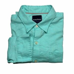 Tommy Bahama Long Sleeve Linen Blend Button Down Shirt Mens Large Teal Green